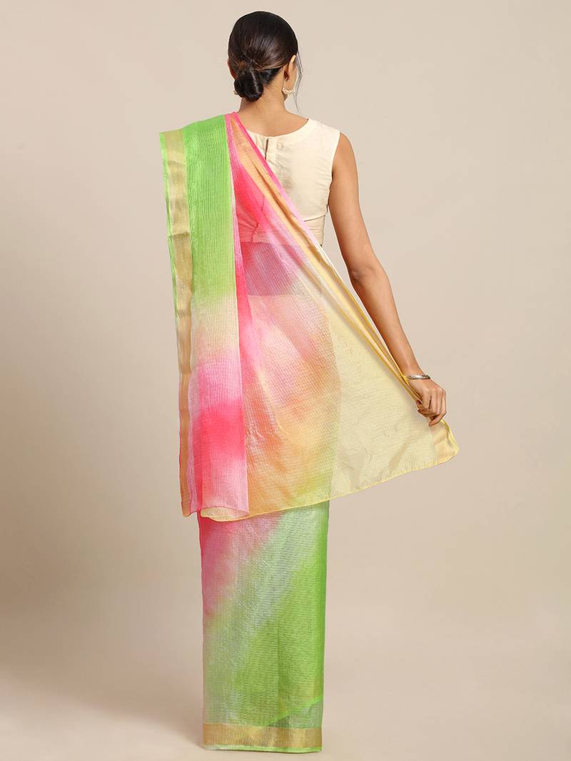 Geroo Jaipur Green & Pink Kota Art Hand Dyed Saree with blouse
