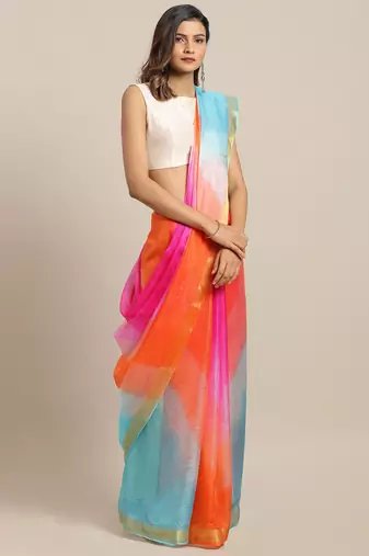 Geroo Jaipur Multicolour Kota Art Hand Dyed Saree with blouse