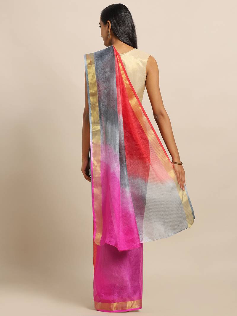 Geroo Jaipur Gray & Magenta Kota Art Hand Dyed Saree with blouse