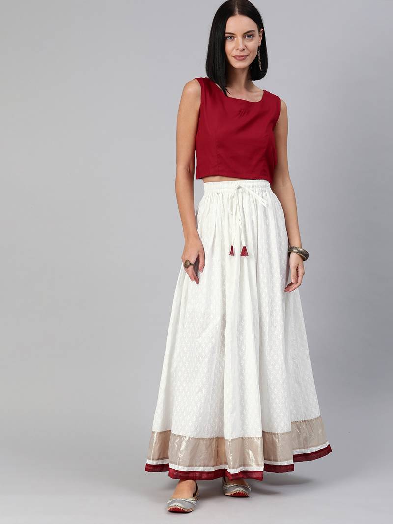 Geroo Jaipur Maxi Skirt Cotton Khadi Print White Skirt with