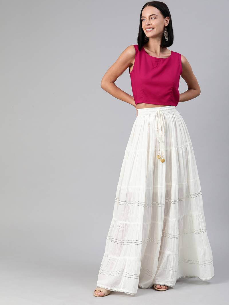 Geroo Jaipur Maxi White Cotton Skirt with Sleveless Crop Top