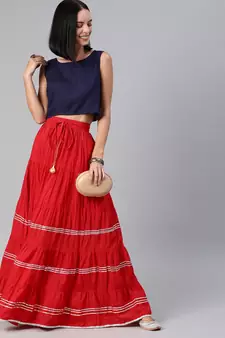 Geroo Jaipur Maxi Red Cotton Skirt with Sleveless Crop Top
