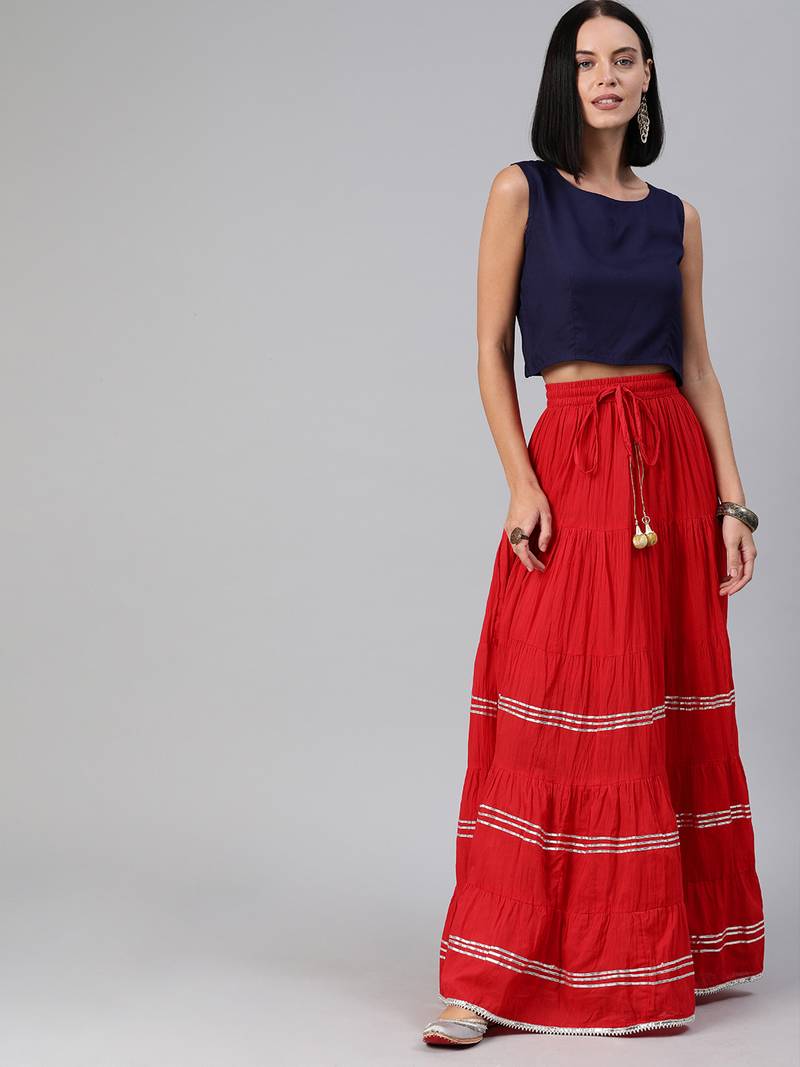 Geroo Jaipur Maxi Red Cotton Skirt with Sleveless Crop Top