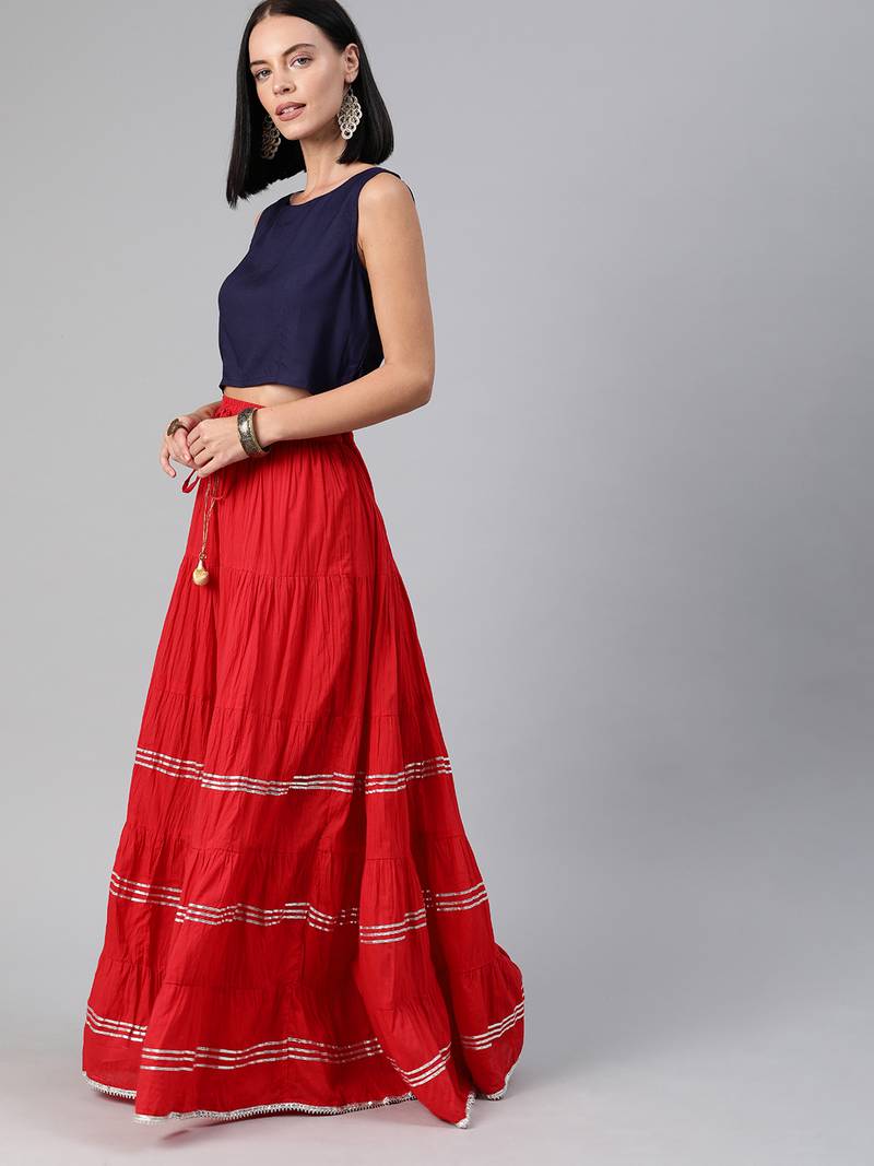 Geroo Jaipur Maxi Red Cotton Skirt with Sleveless Crop Top