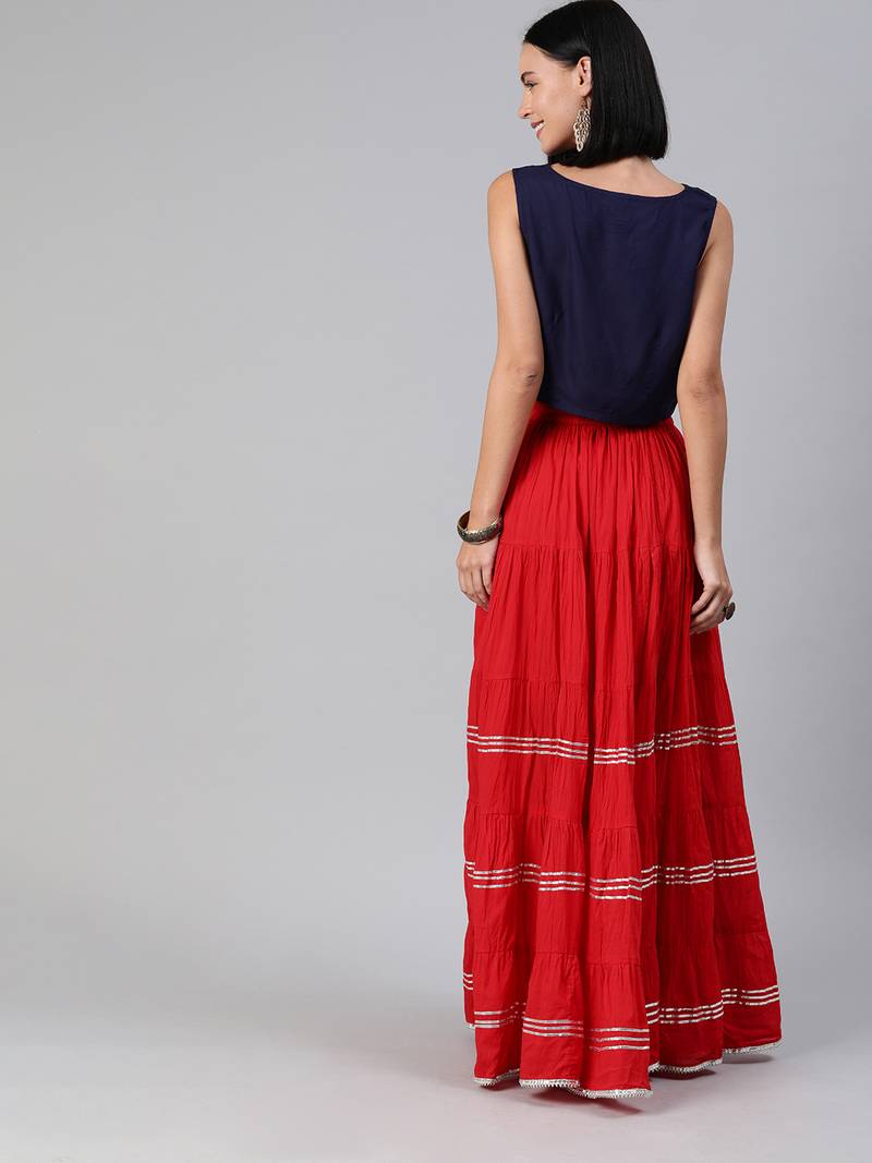 Geroo Jaipur Maxi Red Cotton Skirt with Sleveless Crop Top