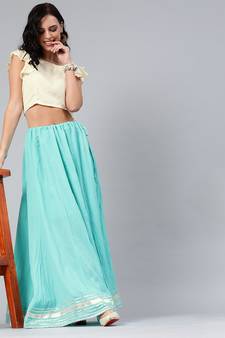 Geroo Jaipur Aqua Blue Pure Cotton Skirt with Crop Top