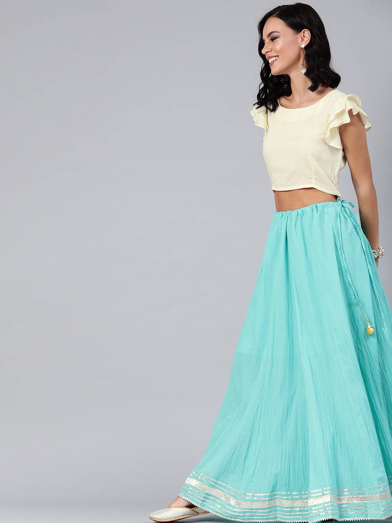 Geroo Jaipur Aqua Blue Pure Cotton Skirt with Crop Top