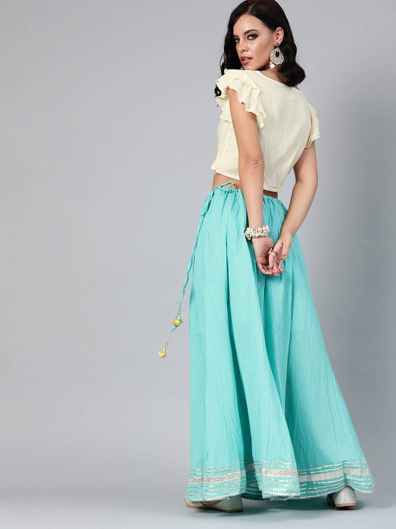 Geroo Jaipur Aqua Blue Pure Cotton Skirt with Crop Top