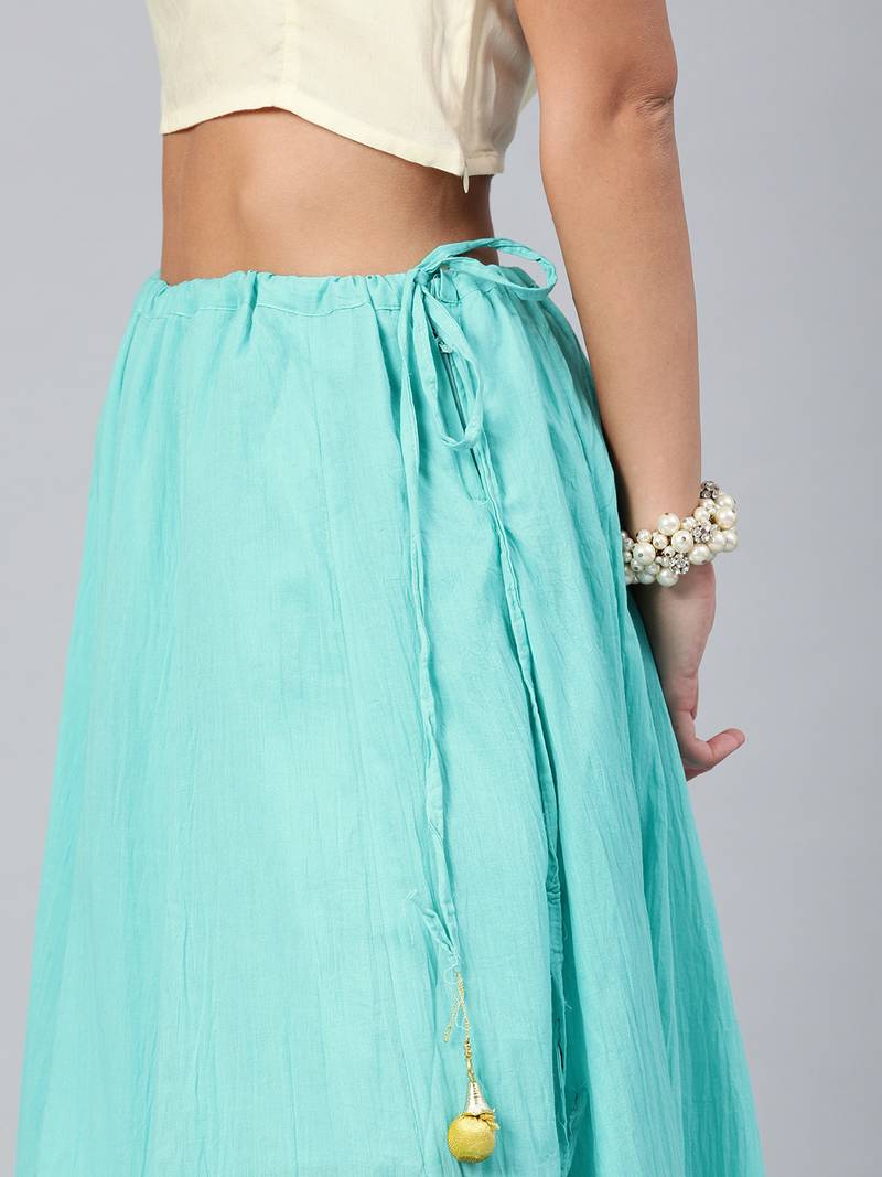 Geroo Jaipur Aqua Blue Pure Cotton Skirt with Crop Top