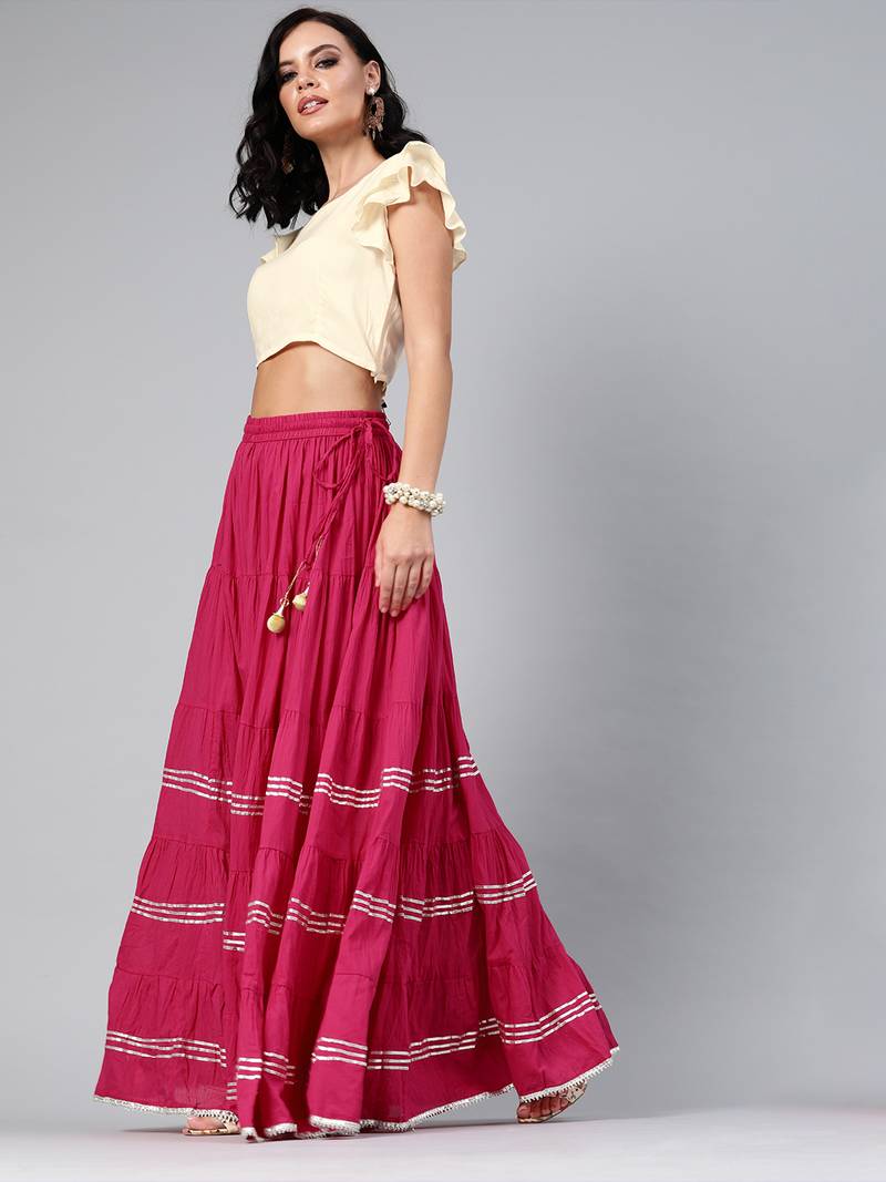 Geroo Jaipur Magenta Pure Cotton Skirt with Crop Top