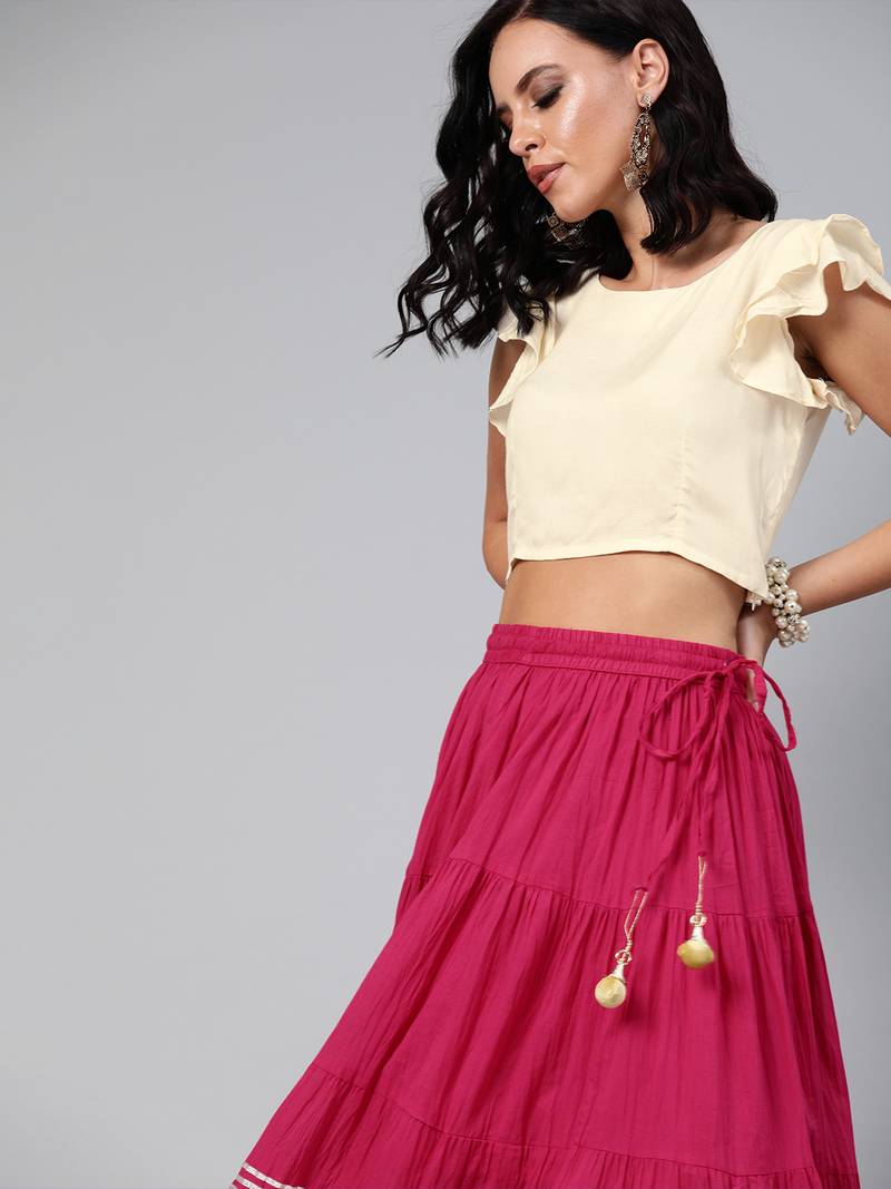 Geroo Jaipur Magenta Pure Cotton Skirt with Crop Top