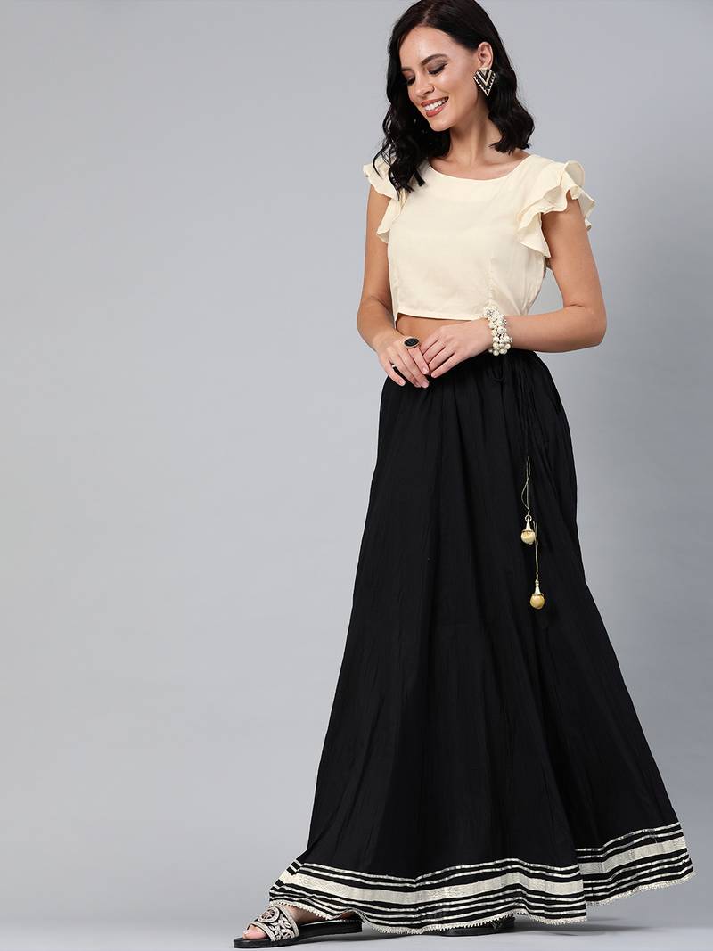 Geroo Jaipur Black Pure Cotton Skirt with Crop Top
