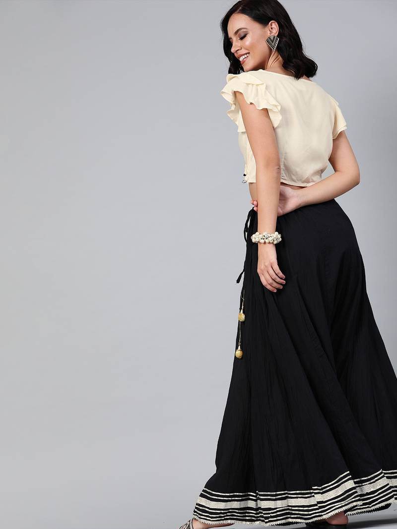 Geroo Jaipur Black Pure Cotton Skirt with Crop Top