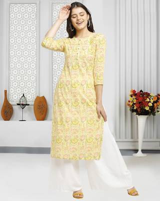Yellow printed cotton ethnic-kurtis 1