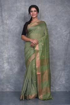green Silk Baswada With Copper Zari Boota saree with blouse