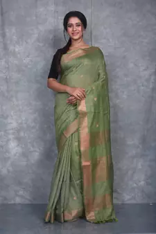 green Silk Baswada With Copper Zari Boota saree with blouse