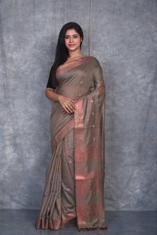 brown Silk Baswada With Copper Zari Boota saree with blouse