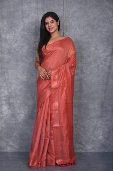 rust Silk Baswada With Copper Zari Boota saree with blouse