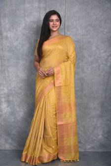 yellow Silk Baswada With Copper Zari Boota saree with blouse