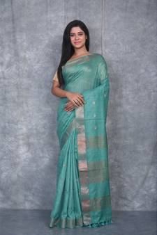 turquoise Silk Baswada With Copper Zari Boota saree with blouse