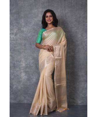 cream Silk Viscous Matka Jackard Border saree with blouse 1