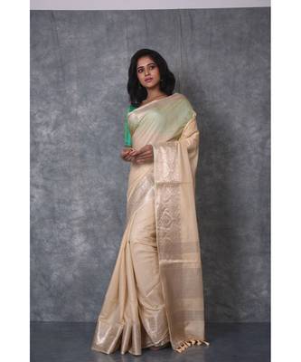 cream Silk Viscous Matka Jackard Border saree with blouse 2