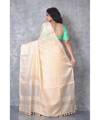 cream Silk Viscous Matka Jackard Border saree with blouse 3