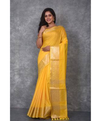 yellow Silk Viscous Matka Jackard Border saree with blouse 1