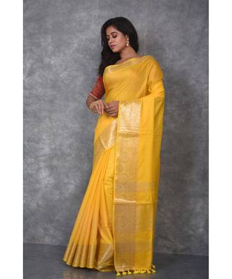 yellow Silk Viscous Matka Jackard Border saree with blouse 2