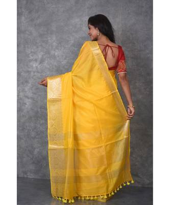 yellow Silk Viscous Matka Jackard Border saree with blouse 3