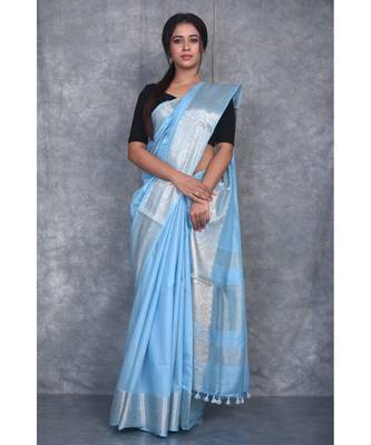 sky blue Silk Viscous Matka Jackard Border saree with blouse 1