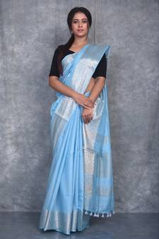 sky blue Silk Viscous Matka Jackard Border saree with blouse