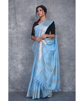 sky blue Silk Viscous Matka Jackard Border saree with blouse 2