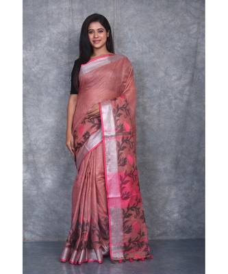 dark peach Handloom Linen With Rose Jackard Border saree with blouse 1
