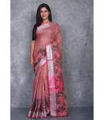 dark peach Handloom Linen With Rose Jackard Border saree with blouse
