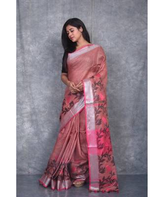 dark peach Handloom Linen With Rose Jackard Border saree with blouse 2