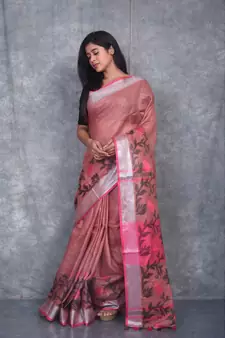 dark peach Handloom Linen With Rose Jackard Border saree with blouse