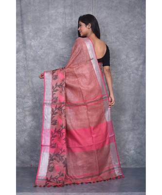 dark peach Handloom Linen With Rose Jackard Border saree with blouse 3