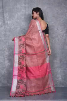 dark peach Handloom Linen With Rose Jackard Border saree with blouse