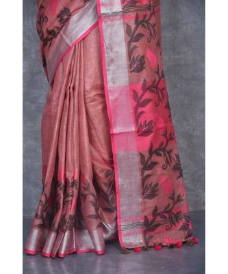 dark peach Handloom Linen With Rose Jackard Border saree with blouse 4