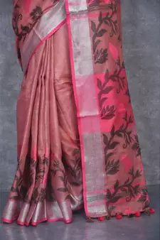 dark peach Handloom Linen With Rose Jackard Border saree with blouse