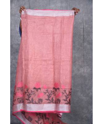 dark peach Handloom Linen With Rose Jackard Border saree with blouse 5