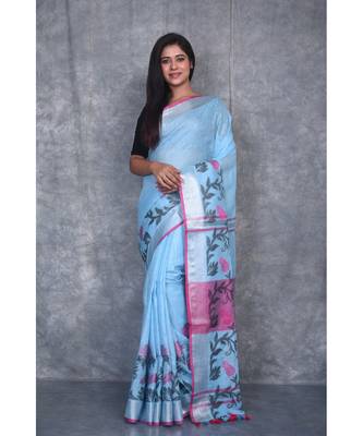 turquoise Handloom Linen With Rose Jackard Border saree with blouse 1