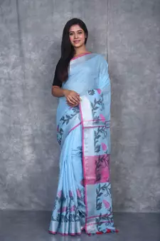 turquoise Handloom Linen With Rose Jackard Border saree with blouse