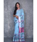 turquoise Handloom Linen With Rose Jackard Border saree with blouse