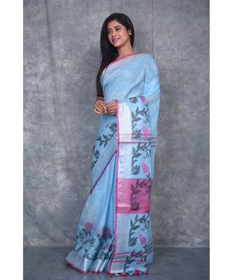turquoise Handloom Linen With Rose Jackard Border saree with blouse 2
