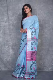 turquoise Handloom Linen With Rose Jackard Border saree with blouse