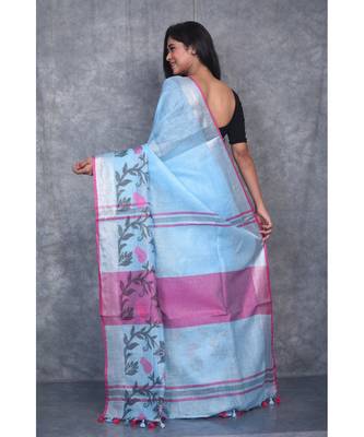 turquoise Handloom Linen With Rose Jackard Border saree with blouse 3