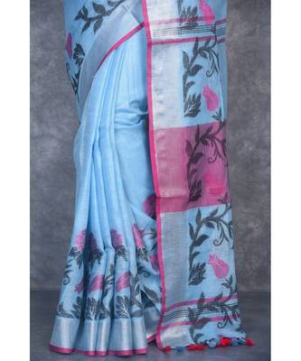 turquoise Handloom Linen With Rose Jackard Border saree with blouse 4