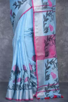 turquoise Handloom Linen With Rose Jackard Border saree with blouse